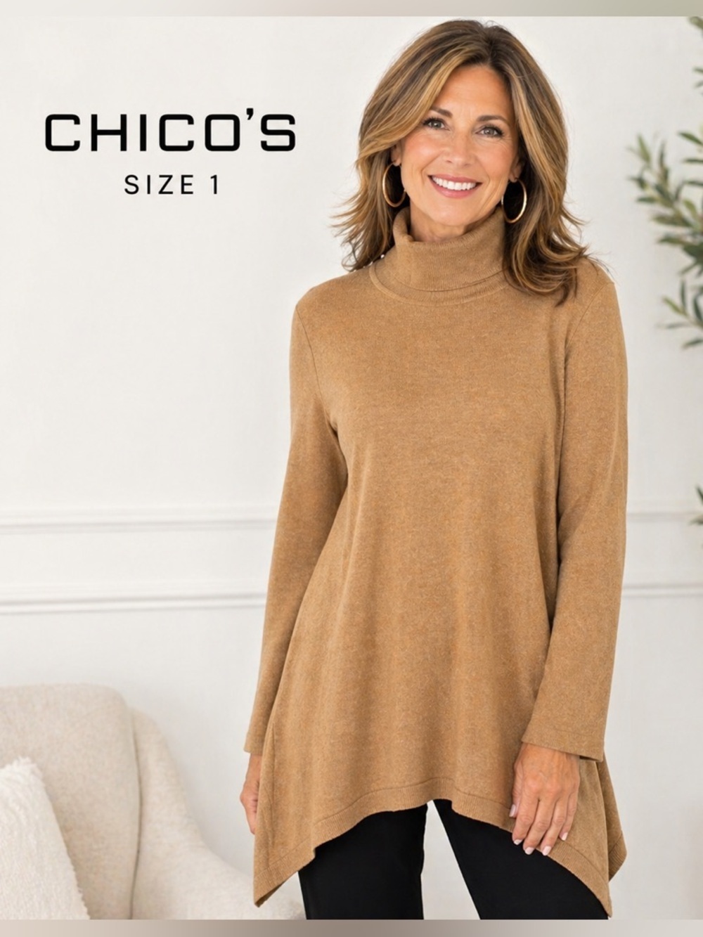 Chico's women’s Camel Featherweight Turtleneck Sweater Size 1/M
